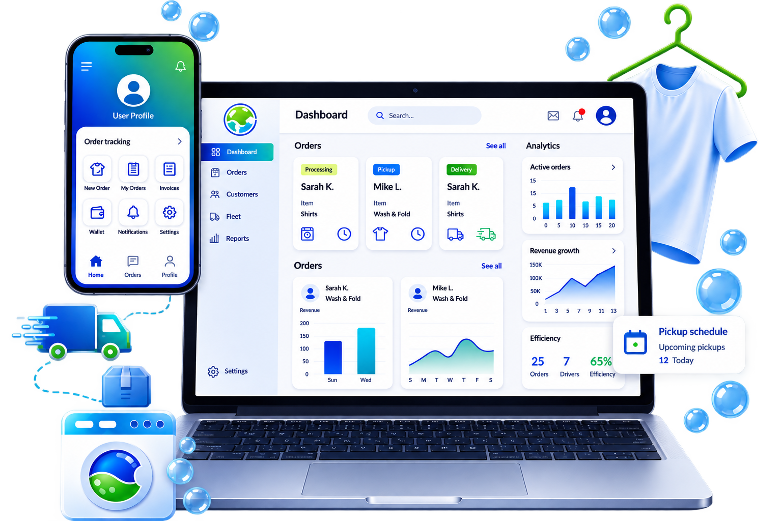 LaundryAce dashboard preview showing orders, pickup and delivery status, and revenue analytics